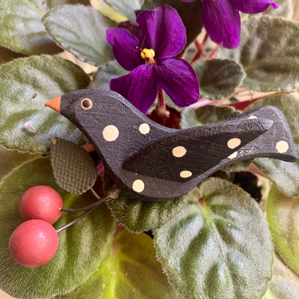 Rare Vintage 70's Painted Black Polka Dot Bird & Cherries Brooch - Handmade